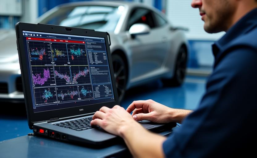 Laptop aangesloten op een auto ECU voor tuning
